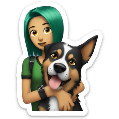 punk girl with green and black hair hugging a german shepard dog with floppy ears sticker