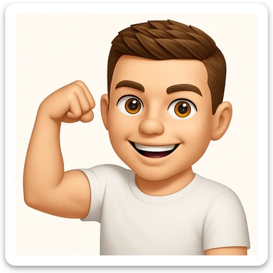 Based on these photos, make an emoji with facial features intact, man in white t-shirt, showing muscles sticker