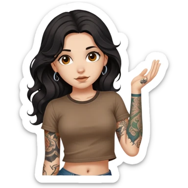 A girl with fair skin and a little fat - long black hair with big waves - tattoos on her upper arms - wearing a brown navel-revealing short-sleeved shirt sticker