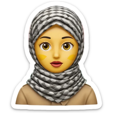 emoji with yellow face large expressive eyes shushing gesture Palestinian keffiyeh around head with Palestinian flag pattern subtly blended into scarf sticker
