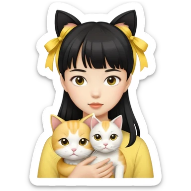 A fair-skinned Asian girl with  bangs and black ponytail hair holding a yellow and withe cat sticker