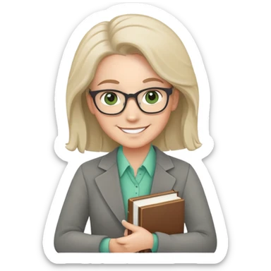 smiling English teacher with airtouch hair and grey-green eyes holding books and teaching materials sticker