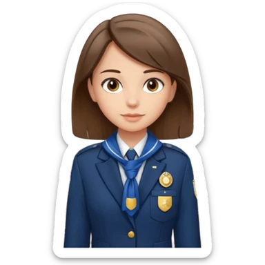 Young girl, straight hair, wearing uniform jacket with hotel name badge, tasteful scarf, stand behind the desk sticker