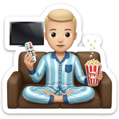 male memoji, in pajamas, sitting on couch, holding TV remote controller, relaxed face, casual home vibe, popcorn bucket on couch sticker