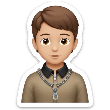 brown-haired boy, young, satisfied look, collar and leash around his neck, minimal bdsm clothing, sticker