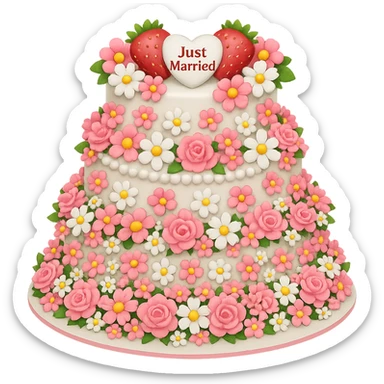 Add even more pink and white flowers to the white wedding cake with strawberries and 'Just Married' topper in emoji style, with no background. The style should resemble emoji style with vibrant colors and simple shapes. sticker
