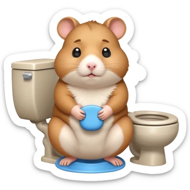 Cute chubby cartoon-style hamster sitting on toilet pooping looking as if he had an accident sticker