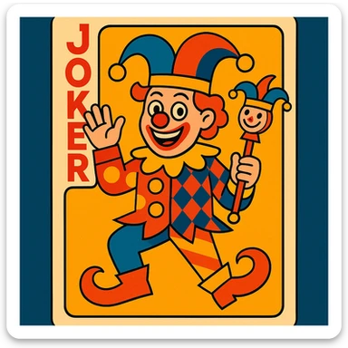 cartoonish joker clown on a playing card, silly hat, bright patterns, energetic vibe sticker