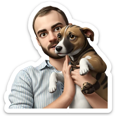 striped shirted boy with dog sticker
