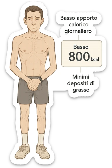 a lean man stands in a clinical setting, with a semi-transparent overlay showing reduced muscle mass and minimal fat stores. His expression is slightly fatigued, and a digital chart beside him displays a low daily calorie intake. The background is clean and modern, emphasizing the effects of a low-calorie diet. con scritte in italiano sticker