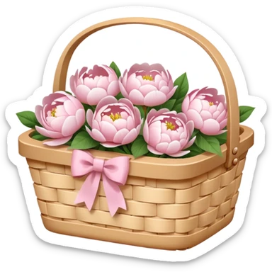 White Picnic basket with light pink bow and white peonies inside sticker