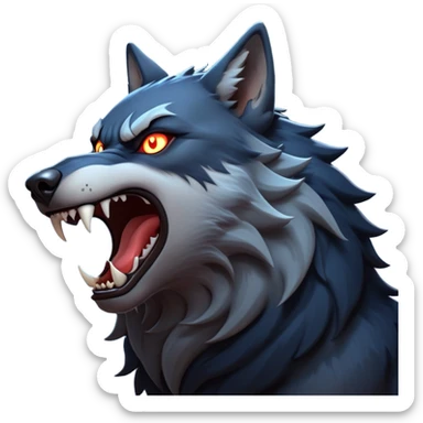cinematic-noble-fierce-werewolf-howling-portrait-emoji, poised-and-imposing, with a fierce wolfish face tilted upwards in a haunting howl, glowing eyes full of primal ferocity, sharp, and a rugged snout, fur rippling in shades of midnight black and silver, muscles tensed as the powerful howl echoes beneath the moonlit sky; rendered with realism, capturing the raw, untamed power of the beast in its wild, primal state sticker