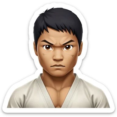 ​Cinematic Realistic Portrait of Tony Jaa, a close-up depiction capturing his intense, determined expression and finely detailed features, rendered with dramatic natural lighting that emphasizes his rugged athleticism and unmistakable martial arts presence, sticker