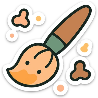 A cute and whimsical artist's paintbrush with a soft and cozy design, featuring a warm color palette: golden orange (FA9B41), deep forest green (4A7C5C), muted taupe brown (96775A), and pastel peach (FFCC9A). The brush has a delicate wooden handle in muted brown, with the bristles slightly fanned out, holding a touch of paint in shades of peach and orange. The tip of the brush is dipped in a soft golden hue, and tiny splashes of paint in the palette’s colors are gently scattered around. The overall mood is playful, artistic, and charming, evoking a sense of creativity and warmth. sticker