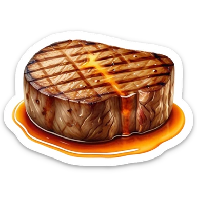 Cinematic thick-cut scotch fillet steak, perfectly seared with grill marks, a grilled center, rich and savory, warm glow, sizzling and mouthwatering, highly detailed and appetizing. sticker