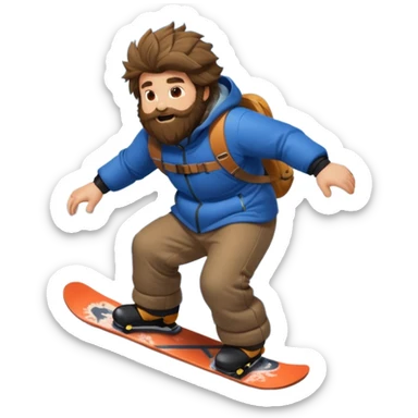 big round super harry guy snowbording down mountain haryyer more hair on his bcak and face sticker
