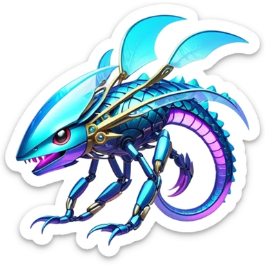  Epic legendary rare glowing mechanical Shiny sparkly transparent bioluminescent luminescent vibrant bright pastel dark exotic iridescent colorful gradients futuristic modern metallic glossy glittery fantasy-cyber-Fakémon-Pokémon-Vernid-creature sticker