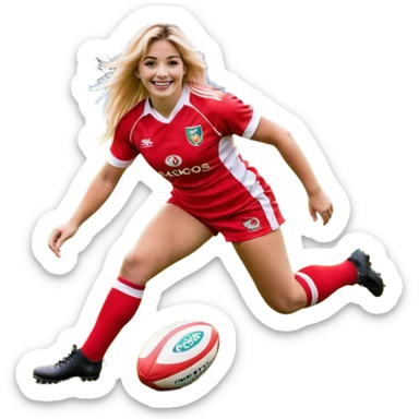 Chica de pelo rubio tirada en el suelo boca abajo agarrando un balón DE RUGBY con las manos vestida con una equipación de color rojo y blanco con líneas y con unas botas de tacos de fútbol, con un bucal en la boca y el pelo con trenzas, se la tienen que ver las 2 piernas y que sonría  sticker