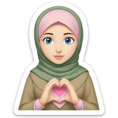 Turkish beautiful finish Konya girl blue eyes with khaki green and light pink hijab islamic dress and making heart with hands sticker