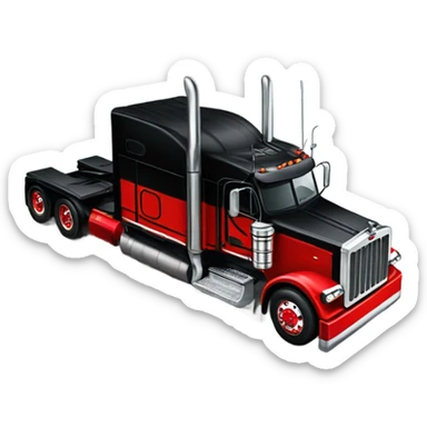 Peterbilt 389 black with red frame with flat top and slash cut exhaust stacks and dual rear tires and flat bumper sticker