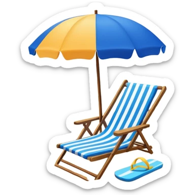 Icon for Beach Tourism: a sunny beach with the sea and waves, a lounge chair, a sun umbrella, and flip-flops on the sandy shore. The background should be a clear, vibrant ocean view with the sun shining brightly. Transparent background. sticker