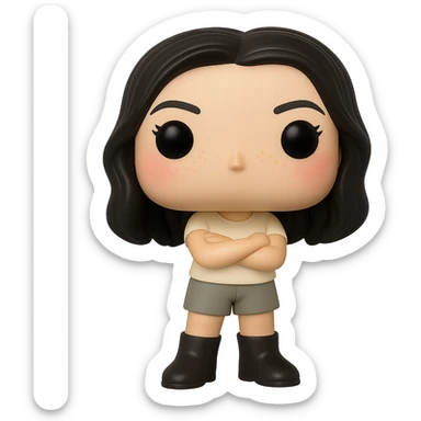 Edit the image into a Funko Pop style vinyl figure with realistic details. The figure should have no mouth, cream-colored top, grey bottoms, dark boots, and arms crossed. Add slightly rosy cheeks, very light freckles, and a mischievous and cheerful expression. The figure has dark hair. Remove the background to make it transparent. sticker