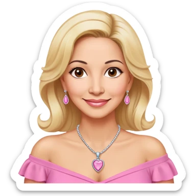 Warm-hearted Linette Torres, Puerto Rican actress in her 50s with light skin, loving expression, gentle eyes, sweet smile, elegant blonde hair, wearing a pink off-shoulder blouse and a pendant necklace sticker