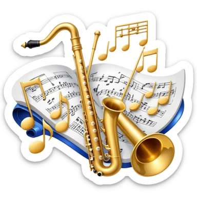 Create an elegant and artistic emoji that represents music arrangement and orchestration. The design should feature a conductor's baton, musical scores, and various orchestral instruments (e.g., violin, trumpet, electric guitar, synthesizer). Incorporate flowing lines to represent harmony and orchestral balance, along with a subtle representation of sheet music. Use rich, classical colors like gold, silver, or deep blue, and create an atmosphere of sophistication and precision. The background should be transparent. sticker