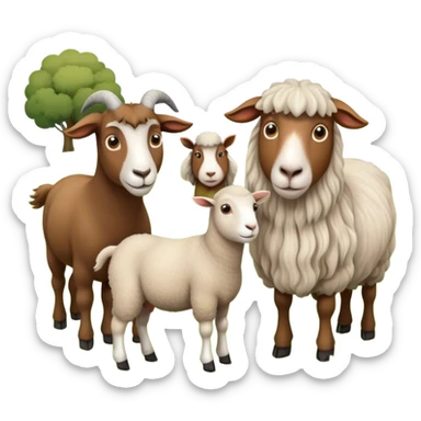 Icon for Domestic Hooved Animals: A gentle collage featuring a brown goat with large, curious eyes, a calm sheep with soft wool and a horse with a flowing mane. Background with a green pasture and a few hay bales. Transparent background. sticker