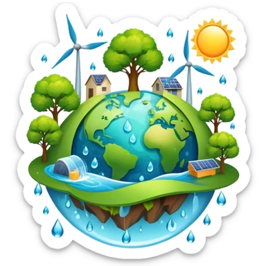 An icon featuring a green Earth, a tree, recycling symbols, and renewable energy sources like wind turbines, solar panels, and hydropower. The design includes animals, water droplets, and the sun, representing ecology, sustainable energy, and environmental protection. Transparent background. sticker
