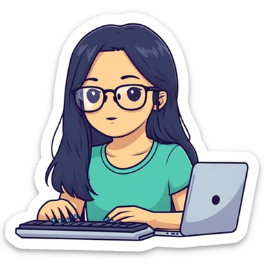 Girl with long black hair, glasses, nostril piercing, and a computer sticker