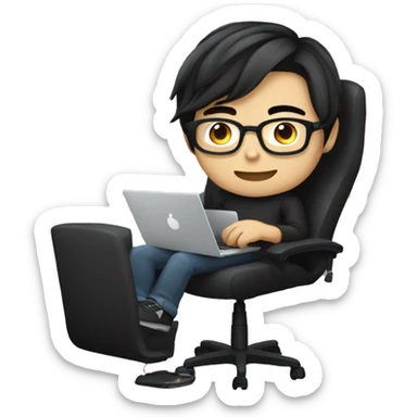 asian boy with glasses, long straight hair, wearing black clothes , working on his laptop seating on a gaming chair sticker