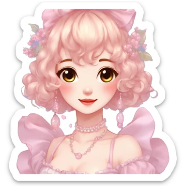 Gorgeous anime style lady with blushing face and accessories cottagecore fairycore Kawaii anime colorful pearly romantic aesthetic trending style sticker