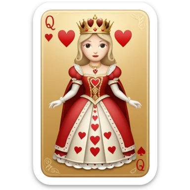 a playing beige and white card depicting the Queen of Hearts in gold sticker