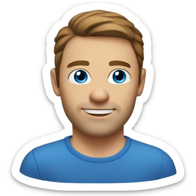 A head and shoulders shot of a 34 year old Caucasian man, with short brown hair,   with blue eyes wearing a t-shirt. sticker