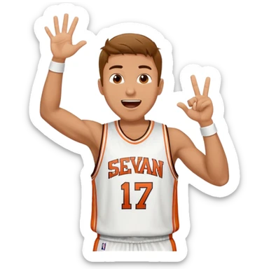 Maverick Trevillian in the crowd at an amateur basketball game. He leans towards the camera and enthusiastically shouts "six seven while performing a distinctive hand gesture: both hands open, palms facing upward, moving up and down as if weighing two options. sticker