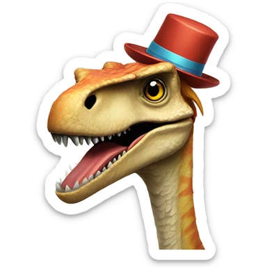 A Velociraptor wearing a party hat and blowing a tiny kazoo sticker