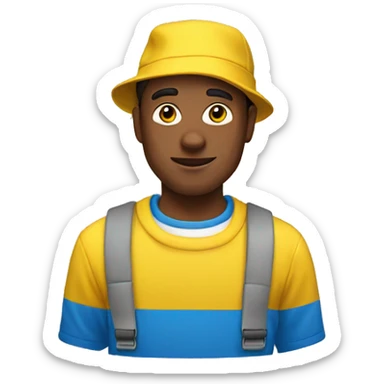 Man with yellow hat and a blue sweater with a white T-shirt under it sticker
