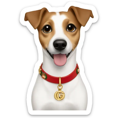 one year old jack russell terrier light brown wearing gucci gold green and red GG sticker