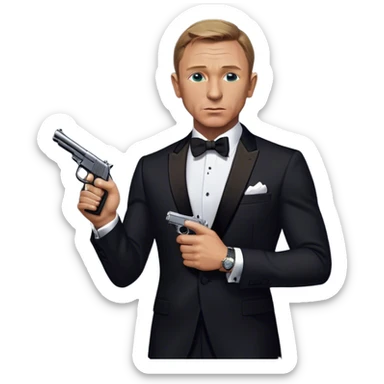 Cinematic Realistic James Bond Daniel Craig Portrait Emoji, depicted as the ultimate suave and enigmatic secret agent, donning a sharply tailored tuxedo, gripping a sleek handgun, with a piercing gaze that exudes confidence and danger. The scene is infused with moody, high-contrast cinematic lighting, evoking the thrilling world of espionage and intrigue. sticker