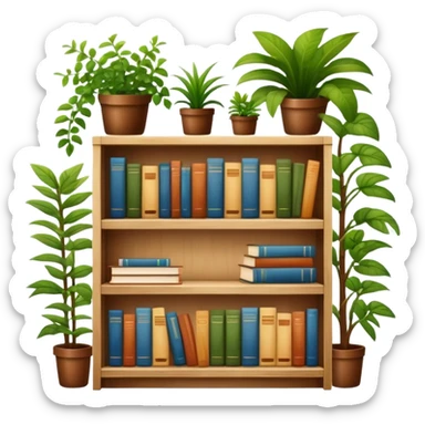 ikea bookshelf filled with books and plants, cozy vibe sticker