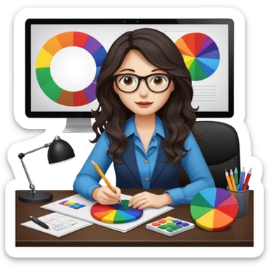 female dark wavy long hair graphic designer , holding color wheel , pens, papers, desktop sticker