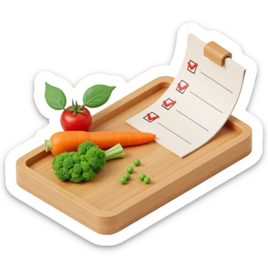 "3D isometric illustration of a wooden cutting board with fresh vegetables (carrot, broccoli, tomato, peas), a paper grocery list with checkboxes, soft lighting, realistic textures, floating shadows, minimalistic style, dark background, modern food planning app aesthetic sticker