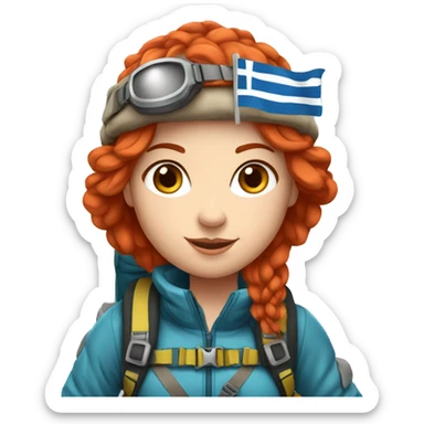 Female winter mountaineer red hair white skin climbing with Greek Flag and Easter eggs basket sticker
