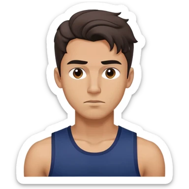 Athletic young man with light brown skin, elongated face, defined jawline, medium dark eyes, arched eyebrows, straight nose, concentrated expression, medium wavy dark hair with messy style, wearing a navy blue tank top sticker