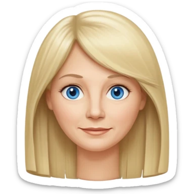 50 yr old white woman, curtain bangs, very long straight blond hair, oval face, small smile, blue eyes, thin face, hair downback, hair parted at center of head, round cheeks, pale, longer hair sticker