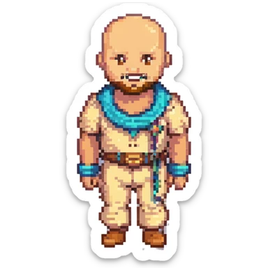 Change the skin tone to a light tan, keep the 8-bit pixel art style, bald, smiley, low beard, with no background. sticker