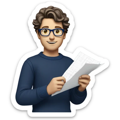 caucasian white boy with dark wavy  hair, blue glasses, and carrying design paper plan because he is an architect carrying a pencil and a set model maquette. wearing a navy blue long sleeve sweater shirt. smart.  sticker