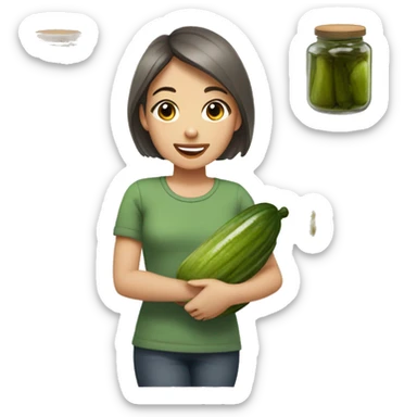 Smiling girl in kitchen, grey to brown short hair, green shirt holding a giant jar of pickles sticker