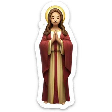 Virgin Mary: kind face looking down at the left, long brown hair, Wearing an emerald green  robe with gold stars and a burgundy red dress,  Hands in prayer or blessing. Halo around her head. standing on a crescent moon.  sticker